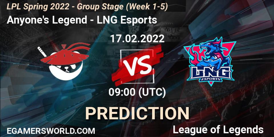 Anyone's Legend vs LNG Esports: Match Prediction. 17.02.2022 at 09:00, LoL, LPL Spring 2022 - Group Stage (Week 1-5)