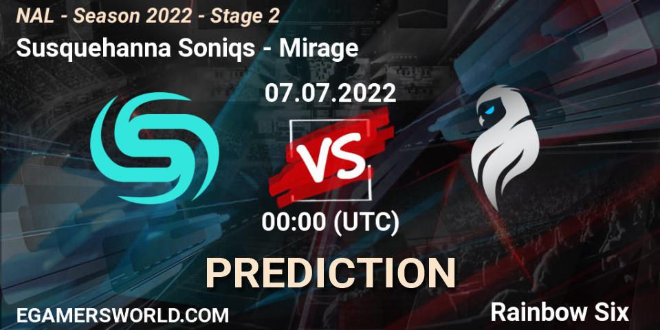 Susquehanna Soniqs vs Mirage: Match Prediction. 07.07.22, Rainbow Six, NAL - Season 2022 - Stage 2
