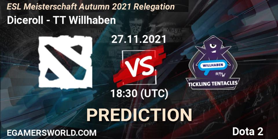 Diceroll vs TT Willhaben: Match Prediction. 27.11.2021 at 18:31, Dota 2, ESL Meisterschaft Autumn 2021 Relegation
