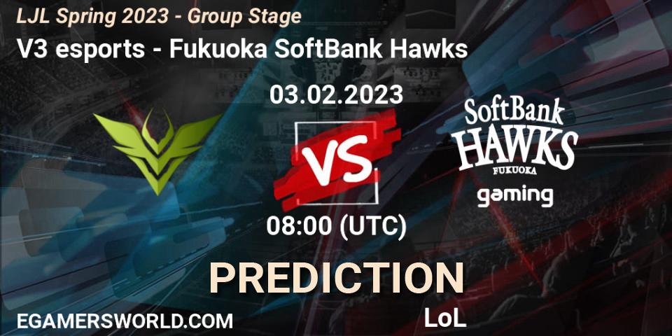 V3 esports vs Fukuoka SoftBank Hawks: Match Prediction. 03.02.2023 at 08:00, LoL, LJL Spring 2023 - Group Stage