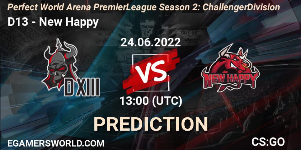 D13 vs New Happy: Match Prediction. 24.06.2022 at 11:40, Counter-Strike (CS2), Perfect World Arena Premier League Season 2: Challenger Division