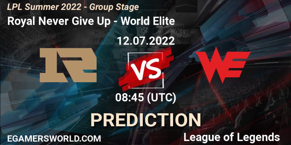 Royal Never Give Up vs World Elite: Match Prediction. 12.07.2022 at 09:00, LoL, LPL Summer 2022 - Group Stage