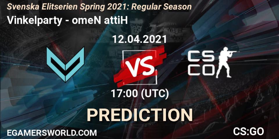 Vinkelparty vs omeN attiH: Match Prediction. 12.04.2021 at 17:00, Counter-Strike (CS2), Svenska Elitserien Spring 2021: Regular Season