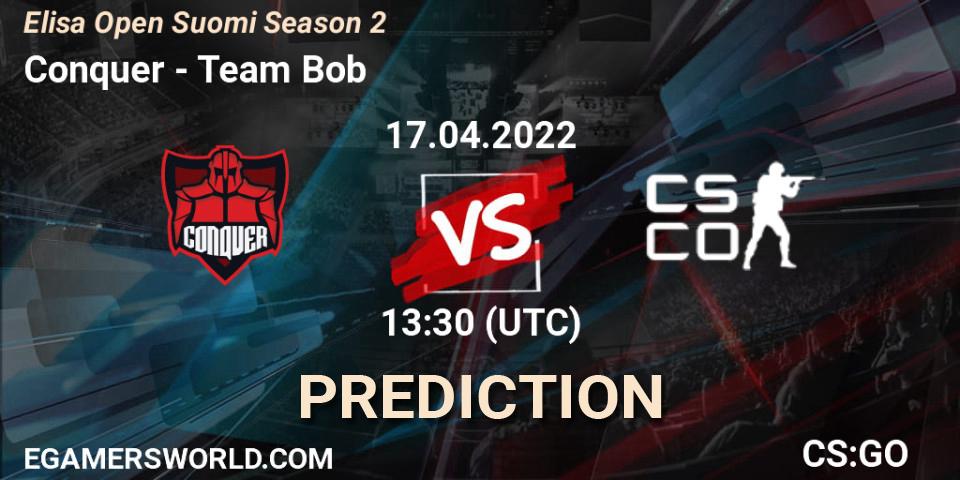 Conquer vs Team Bob: Match Prediction. 17.04.2022 at 13:30, Counter-Strike (CS2), Elisa Open Suomi Season 2