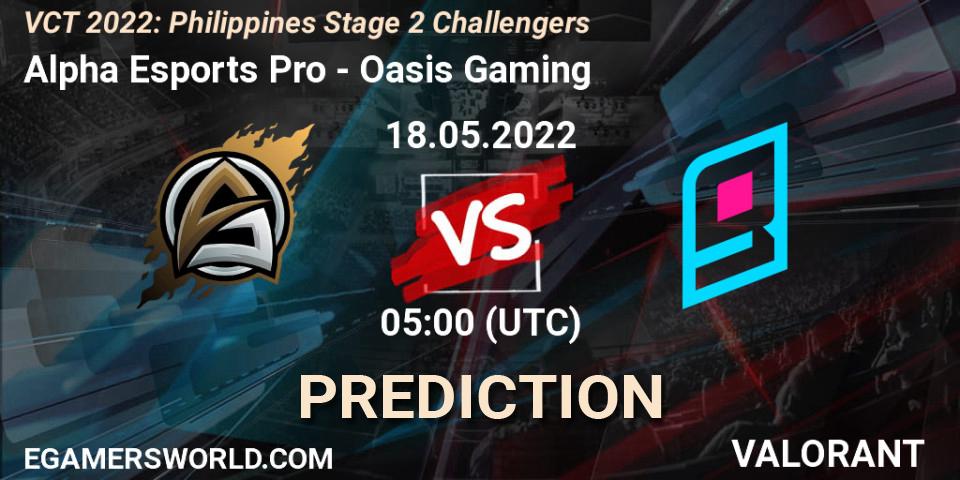 Alpha Esports Pro vs Oasis Gaming: Match Prediction. 18.05.2022 at 05:00, VALORANT, VCT 2022: Philippines Stage 2 Challengers