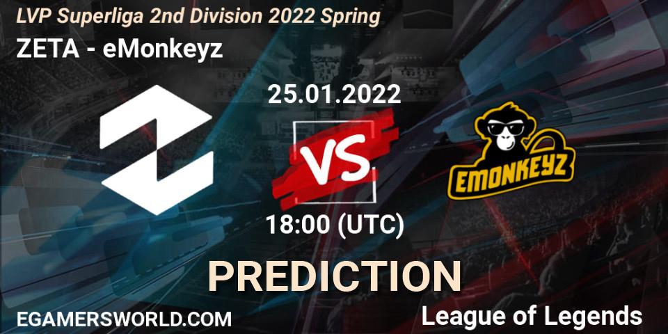 ZETA vs eMonkeyz: Match Prediction. 25.01.2022 at 17:00, LoL, LVP Superliga 2nd Division 2022 Spring