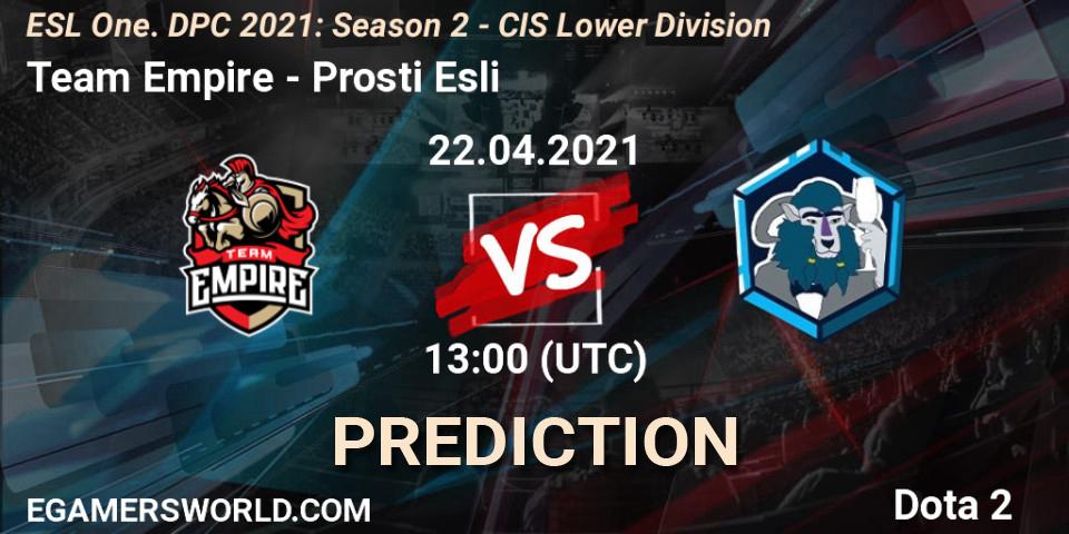 Team Empire vs Prosti Esli: Match Prediction. 22.04.2021 at 12:55, Dota 2, ESL One. DPC 2021: Season 2 - CIS Lower Division