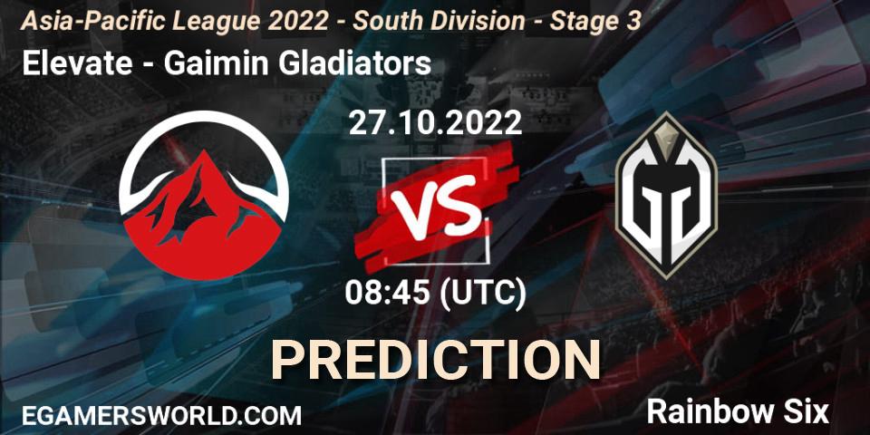 Elevate vs Gaimin Gladiators: Match Prediction. 27.10.2022 at 08:45, Rainbow Six, Asia-Pacific League 2022 - South Division - Stage 3