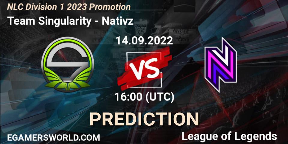 Team Singularity vs Nativz: Match Prediction. 14.09.2022 at 16:00, LoL, NLC Division 1 2023 Promotion