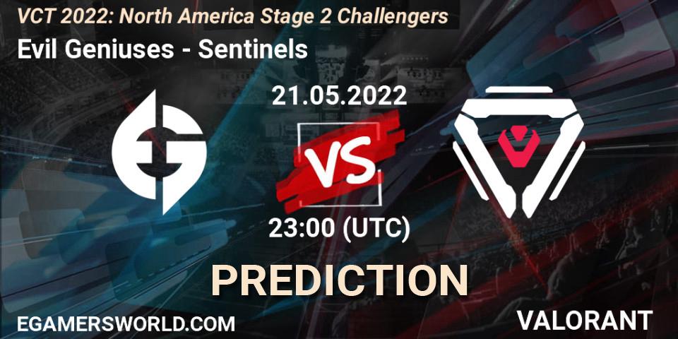 Evil Geniuses vs Sentinels: Match Prediction. 21.05.2022 at 22:45, VALORANT, VCT 2022: North America Stage 2 Challengers
