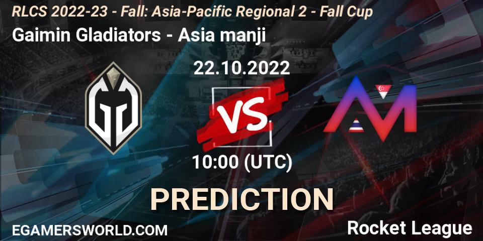 Gaimin Gladiators vs Asia manji: Match Prediction. 22.10.2022 at 10:00, Rocket League, RLCS 2022-23 - Fall: Asia-Pacific Regional 2 - Fall Cup