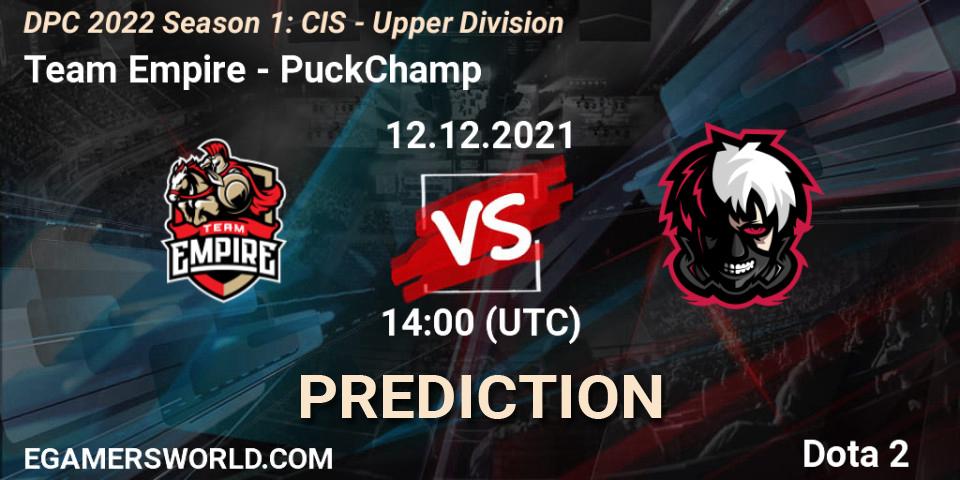 Team Empire vs PuckChamp: Match Prediction. 12.12.2021 at 14:01, Dota 2, DPC 2022 Season 1: CIS - Upper Division