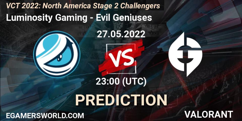Luminosity Gaming vs Evil Geniuses: Match Prediction. 27.05.2022 at 22:40, VALORANT, VCT 2022: North America Stage 2 Challengers