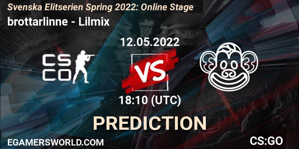 brottarlinne vs Lilmix: Match Prediction. 12.05.2022 at 18:10, Counter-Strike (CS2), Svenska Elitserien Spring 2022: Online Stage