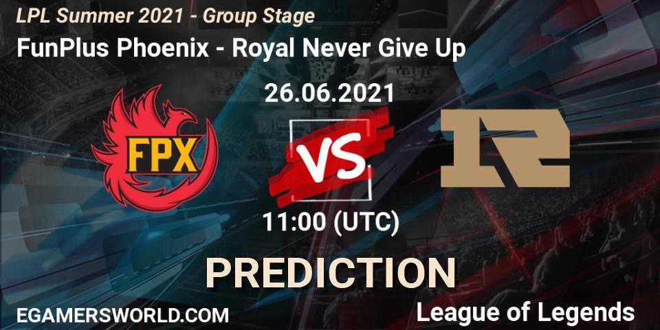 FunPlus Phoenix vs Royal Never Give Up: Match Prediction. 26.06.2021 at 11:00, LoL, LPL Summer 2021 - Group Stage