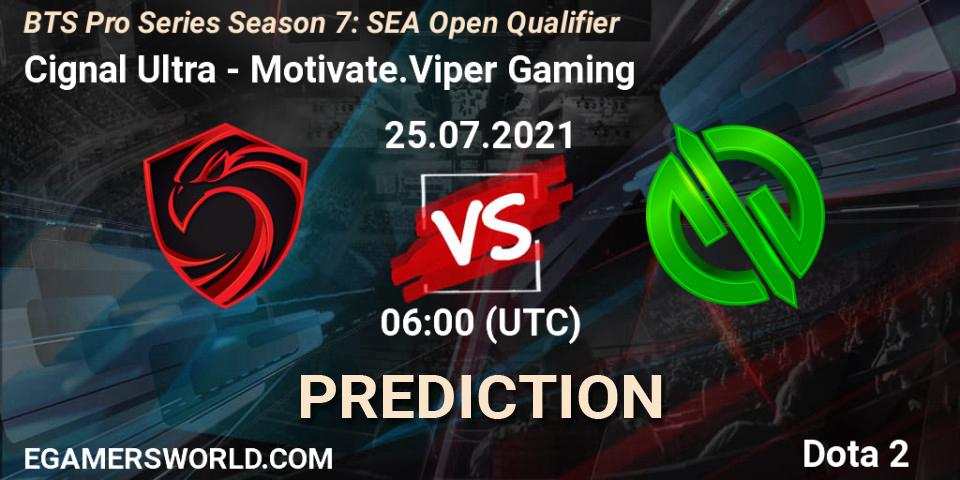 Cignal Ultra vs Motivate.Viper Gaming: Match Prediction. 25.07.2021 at 06:00, Dota 2, BTS Pro Series Season 7: SEA Open Qualifier