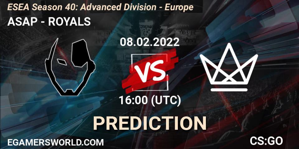 ASAP vs ROYALS: Match Prediction. 08.02.2022 at 16:00, Counter-Strike (CS2), ESEA Season 40: Advanced Division - Europe