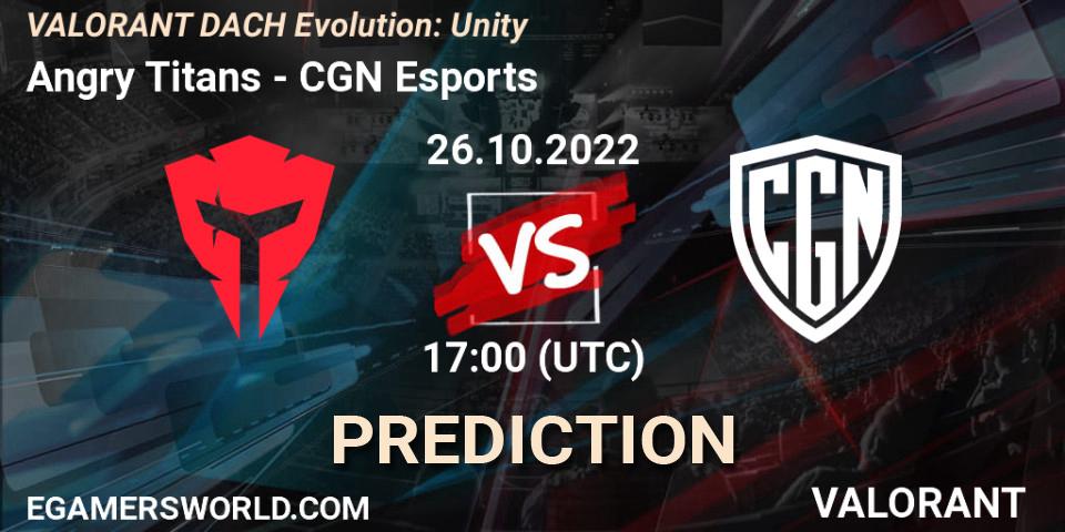 Angry Titans vs CGN Esports: Match Prediction. 26.10.2022 at 17:00, VALORANT, VALORANT DACH Evolution: Unity