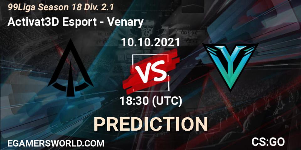 Activat3D Esport vs Venary: Match Prediction. 10.10.2021 at 18:30, Counter-Strike (CS2), 99Liga Season 18 Div. 2.1