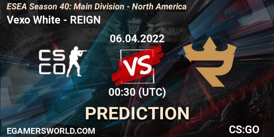 Vexo White vs REIGN: Match Prediction. 06.04.2022 at 00:30, Counter-Strike (CS2), ESEA Season 40: Main Division - North America