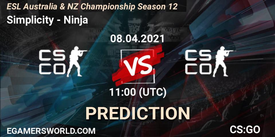 Simplicity vs Ninja: Match Prediction. 08.04.2021 at 11:40, Counter-Strike (CS2), ESL Australia & NZ Championship Season 12