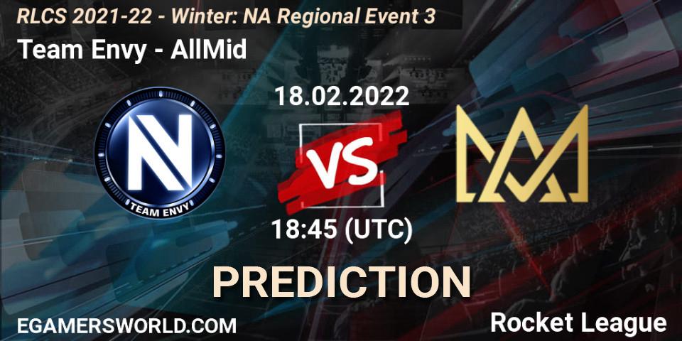 Team Envy vs AllMid: Match Prediction. 18.02.2022 at 18:45, Rocket League, RLCS 2021-22 - Winter: NA Regional Event 3