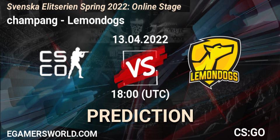 champang vs Lemondogs: Match Prediction. 13.04.2022 at 18:00, Counter-Strike (CS2), Svenska Elitserien Spring 2022: Online Stage
