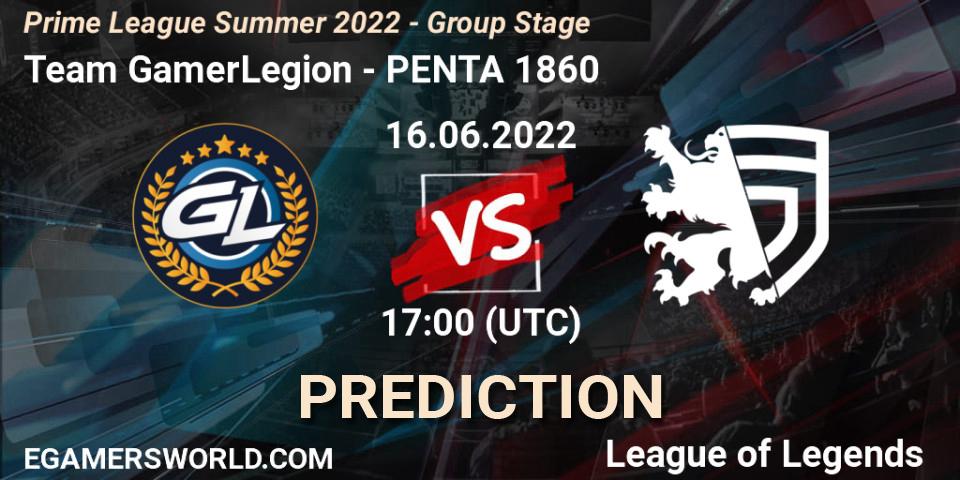 Team GamerLegion vs PENTA 1860: Match Prediction. 16.06.2022 at 17:00, LoL, Prime League Summer 2022 - Group Stage