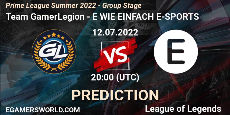 Team GamerLegion vs E WIE EINFACH E-SPORTS: Match Prediction. 12.07.2022 at 20:00, LoL, Prime League Summer 2022 - Group Stage
