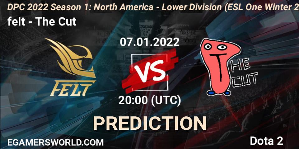 felt vs The Cut: Match Prediction. 07.01.2022 at 19:55, Dota 2, DPC 2022 Season 1: North America - Lower Division (ESL One Winter 2021)