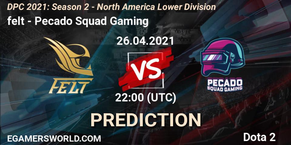 felt vs Pecado Squad Gaming: Match Prediction. 26.04.2021 at 21:56, Dota 2, DPC 2021: Season 2 - North America Lower Division