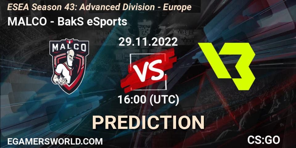 MALCO vs BakS eSports: Match Prediction. 29.11.22, CS2 (CS:GO), ESEA Season 43: Advanced Division - Europe