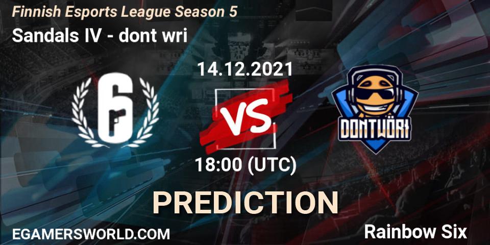 Sandals IV vs dont wöri: Match Prediction. 14.12.2021 at 18:00, Rainbow Six, Finnish Esports League Season 5
