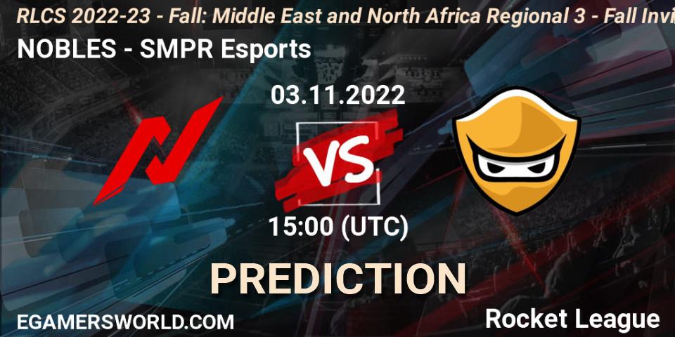 NOBLES vs SMPR Esports: Match Prediction. 03.11.2022 at 15:00, Rocket League, RLCS 2022-23 - Fall: Middle East and North Africa Regional 3 - Fall Invitational