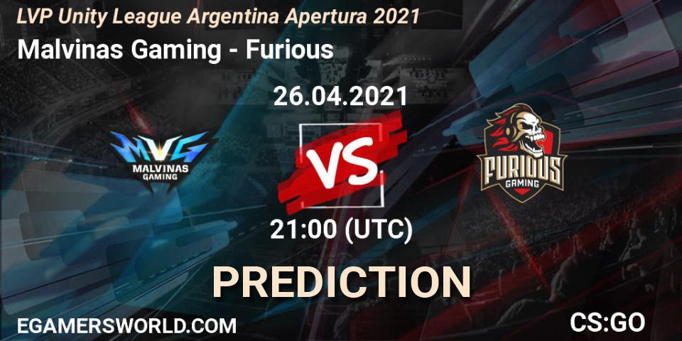 Malvinas Gaming vs Furious: Match Prediction. 26.04.2021 at 21:00, Counter-Strike (CS2), LVP Unity League Argentina Apertura 2021