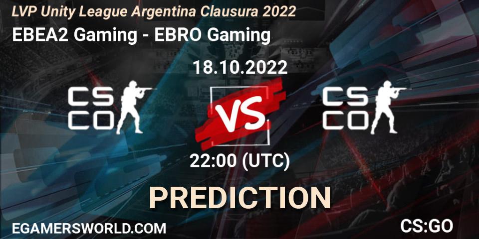EBEA2 Gaming vs EBRO Gaming: Match Prediction. 18.10.2022 at 22:00, Counter-Strike (CS2), LVP Unity League Argentina Clausura 2022