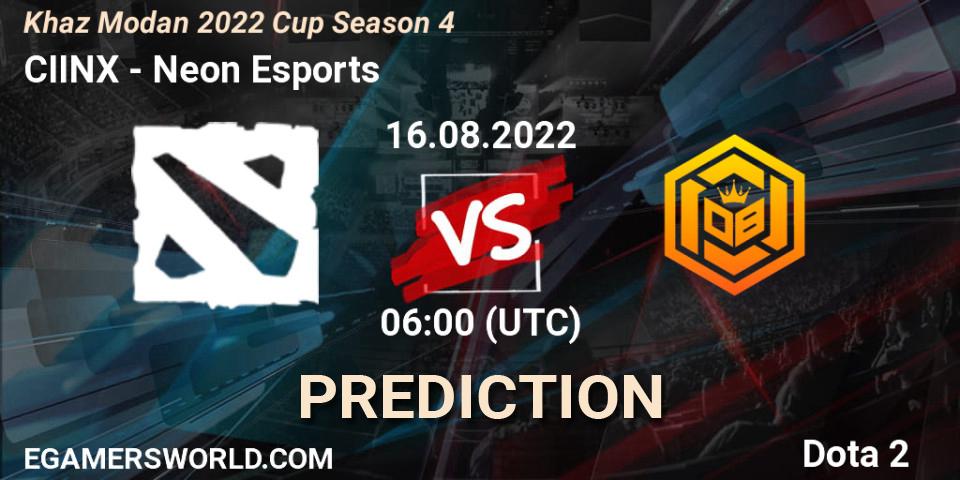 CIINX vs Neon Esports: Match Prediction. 16.08.2022 at 06:15, Dota 2, Khaz Modan 2022 Cup Season 4