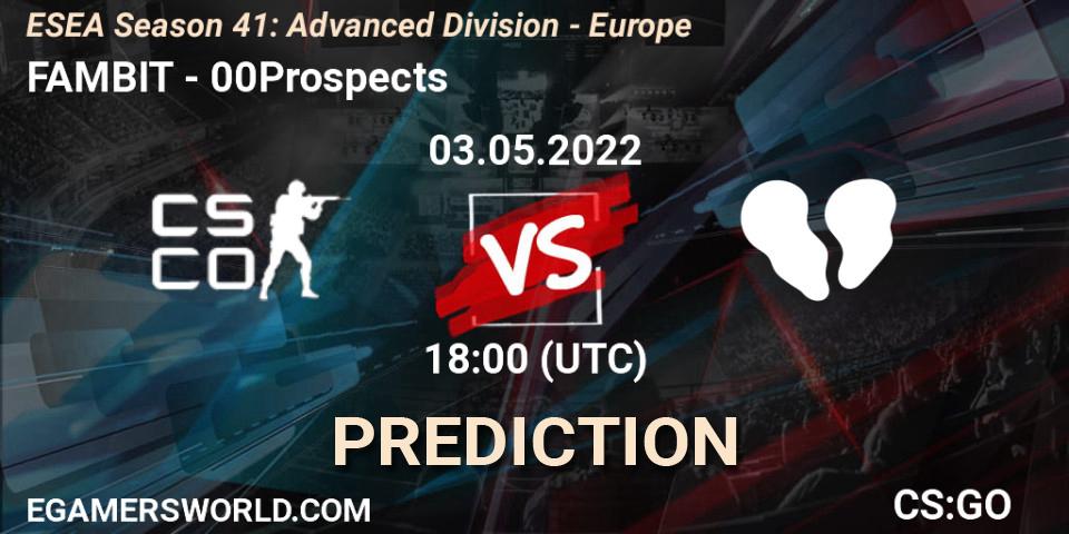 FAMBIT vs 00Prospects: Match Prediction. 03.05.2022 at 18:00, Counter-Strike (CS2), ESEA Season 41: Advanced Division - Europe
