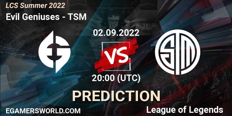 Evil Geniuses vs TSM: Match Prediction. 02.09.2022 at 20:00, LoL, LCS Summer 2022