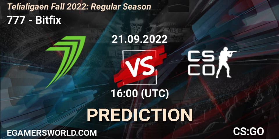 777 vs Bitfix: Match Prediction. 21.09.2022 at 16:00, Counter-Strike (CS2), Telialigaen Fall 2022: Regular Season