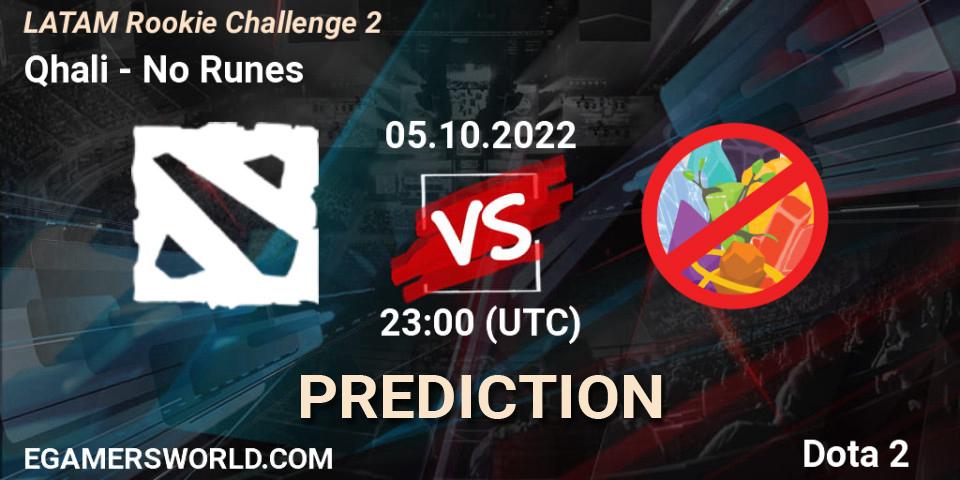 Qhali vs No Runes: Match Prediction. 05.10.2022 at 22:21, Dota 2, LATAM Rookie Challenge 2