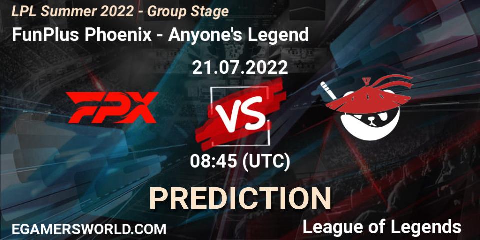 FunPlus Phoenix vs Anyone's Legend: Match Prediction. 21.07.2022 at 09:00, LoL, LPL Summer 2022 - Group Stage