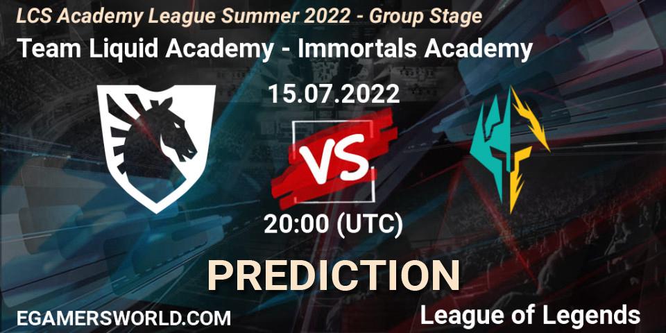 Team Liquid Academy vs Immortals Academy: Match Prediction. 15.07.2022 at 20:00, LoL, LCS Academy League Summer 2022 - Group Stage