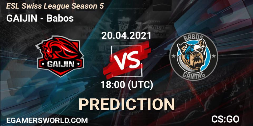 GAIJIN vs Babos: Match Prediction. 20.04.2021 at 18:00, Counter-Strike (CS2), ESL Swiss League Season 5