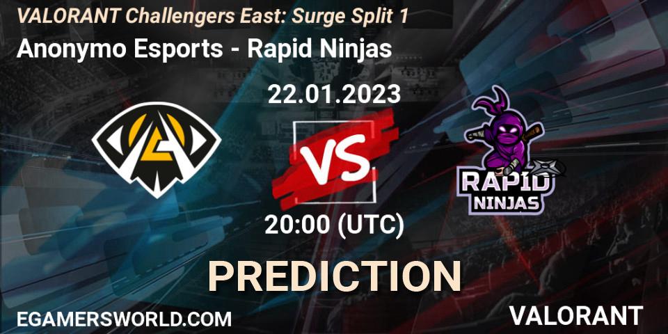 Anonymo Esports vs Rapid Ninjas: Match Prediction. 22.01.2023 at 20:40, VALORANT, VALORANT Challengers 2023 East: Surge Split 1