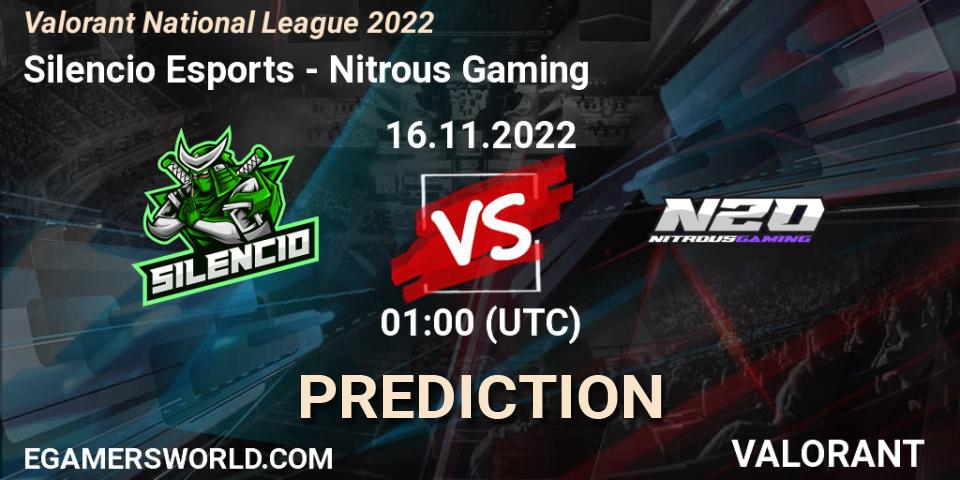 Silencio Esports vs Nitrous Gaming: Match Prediction. 16.11.2022 at 01:30, VALORANT, Valorant National League 2022