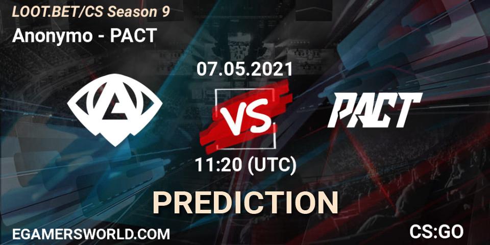 Anonymo vs PACT: Match Prediction. 07.05.2021 at 11:20, Counter-Strike (CS2), LOOT.BET/CS Season 9