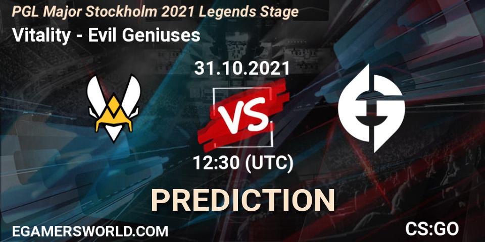 Vitality vs Evil Geniuses: Match Prediction. 31.10.2021 at 12:50, Counter-Strike (CS2), PGL Major Stockholm 2021 Legends Stage