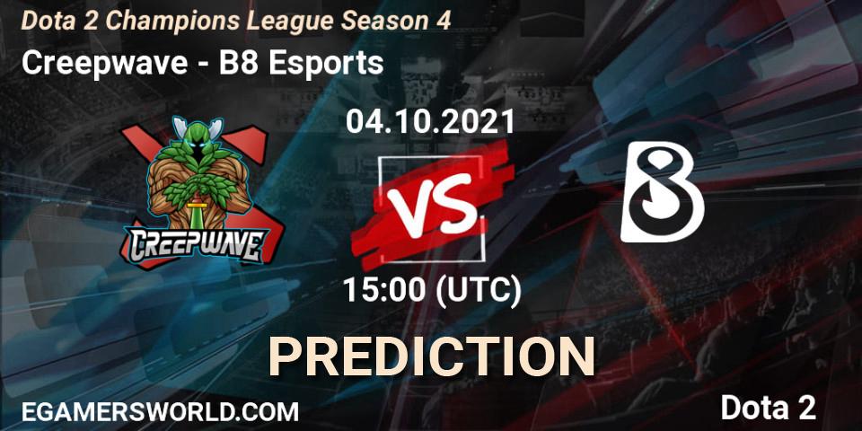 Creepwave vs B8 Esports: Match Prediction. 04.10.2021 at 15:06, Dota 2, Dota 2 Champions League Season 4