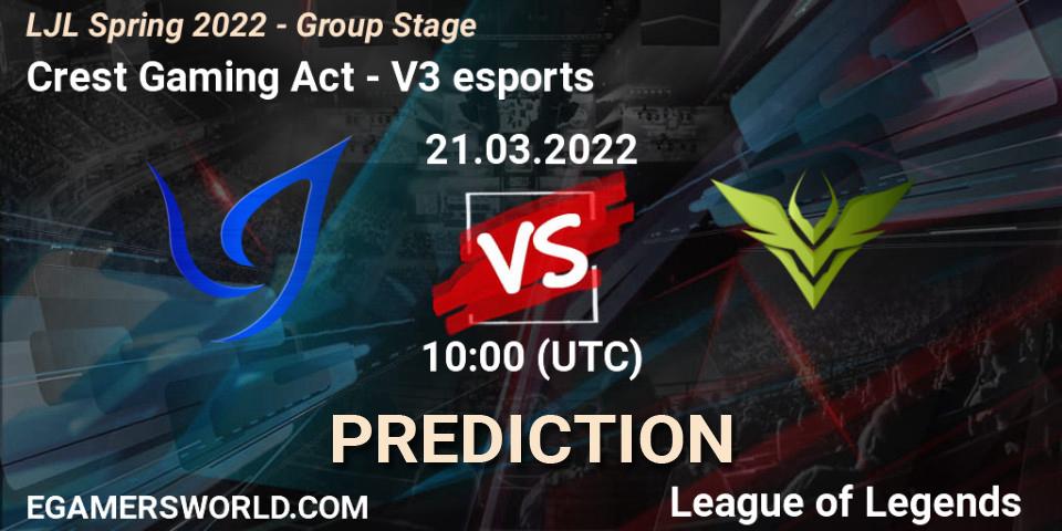 Crest Gaming Act vs V3 esports: Match Prediction. 21.03.2022 at 10:00, LoL, LJL Spring 2022 - Group Stage